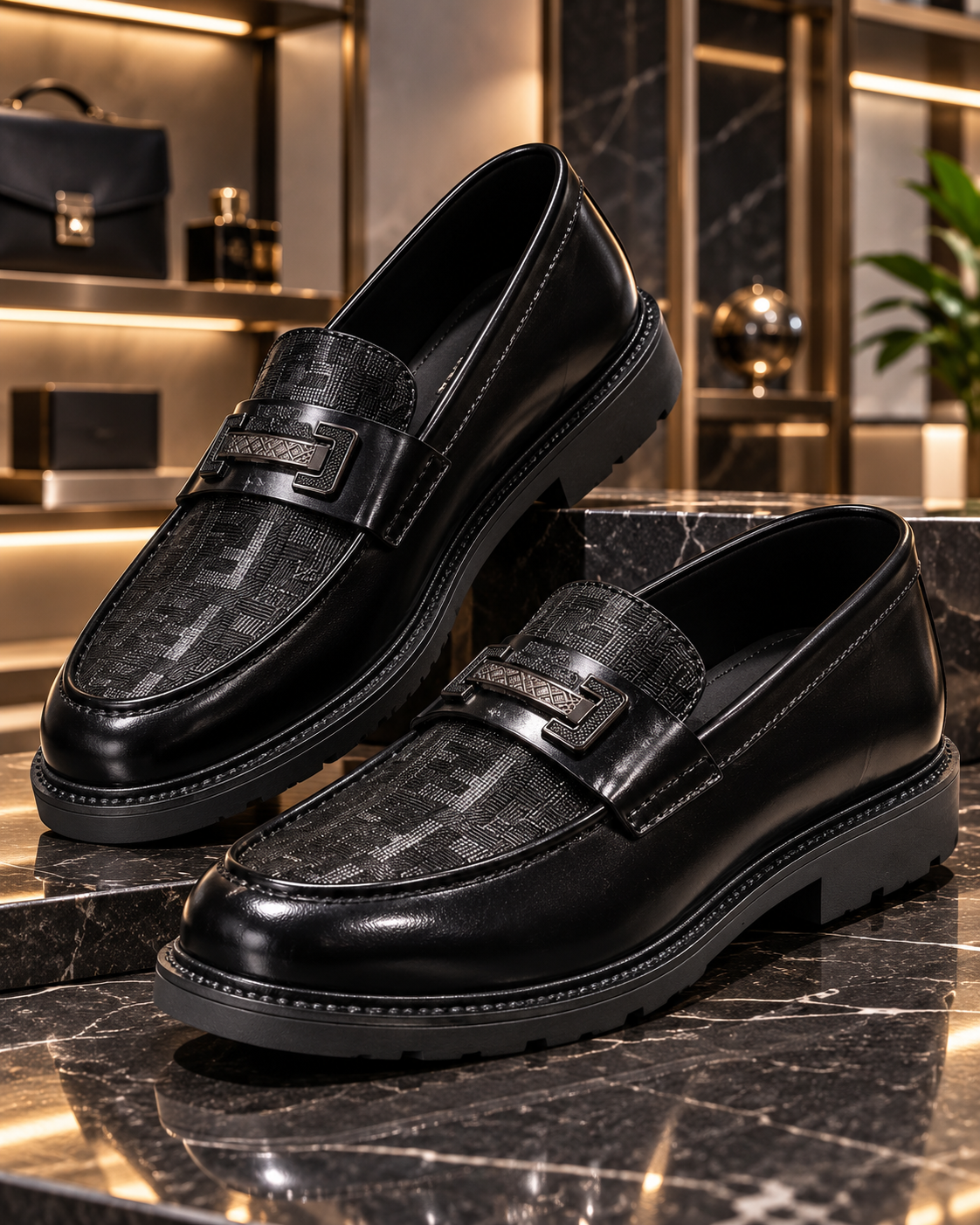 Men's Black Chunky Loafer Shoes with Textured Pattern Design, Metallic Buckle Detail, Thick Sole & Classic Slip-On Style