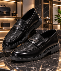 Men's Black Chunky Loafer Shoes with Textured Pattern Design, Metallic Buckle Detail, Thick Sole & Classic Slip-On Style